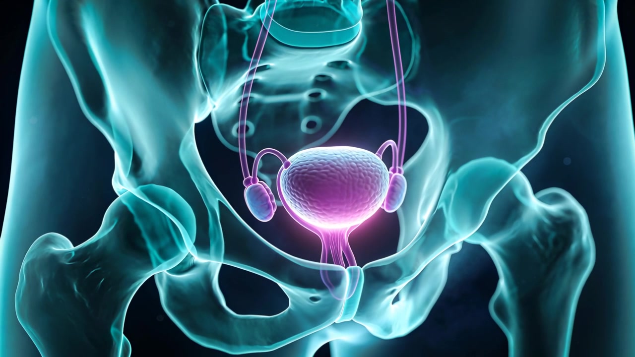Organo cavo magenta animato che si illumina dopo un cambio di inquadratura all'interno di ossa pelviche ciano che mostrano i dotti