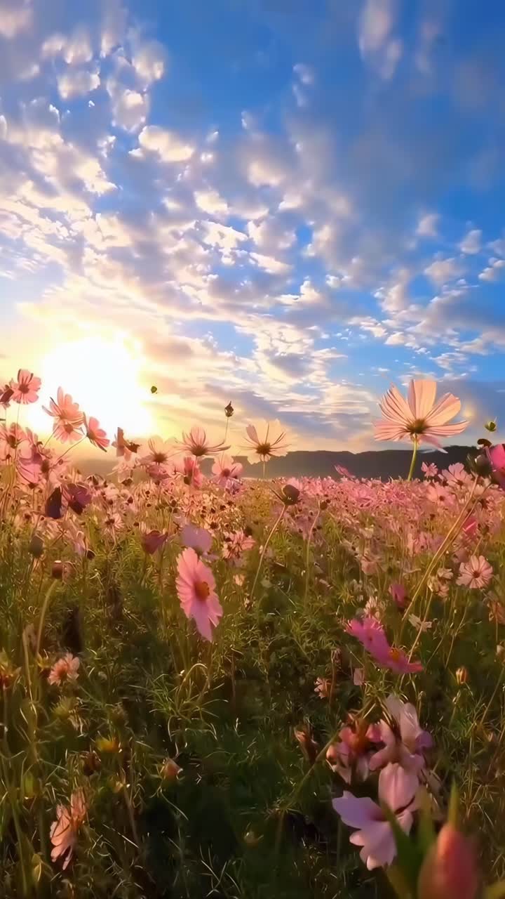 Video con inquadratura dal basso di un campo di fiori rosa vivace sotto un cielo drammatico e nuvoloso.