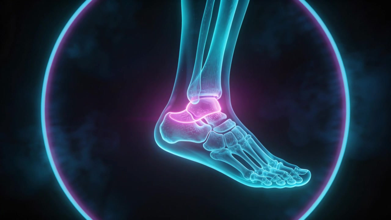 Animating cyan foot bones pulsing, tilting on cue to highlight ankle with pink overlay, neon ring