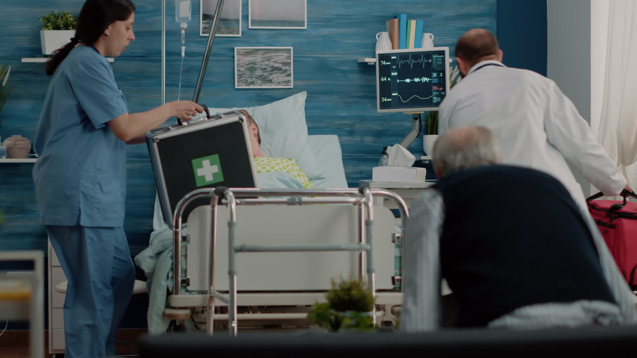 Elder man asking for help from doctor and nurse