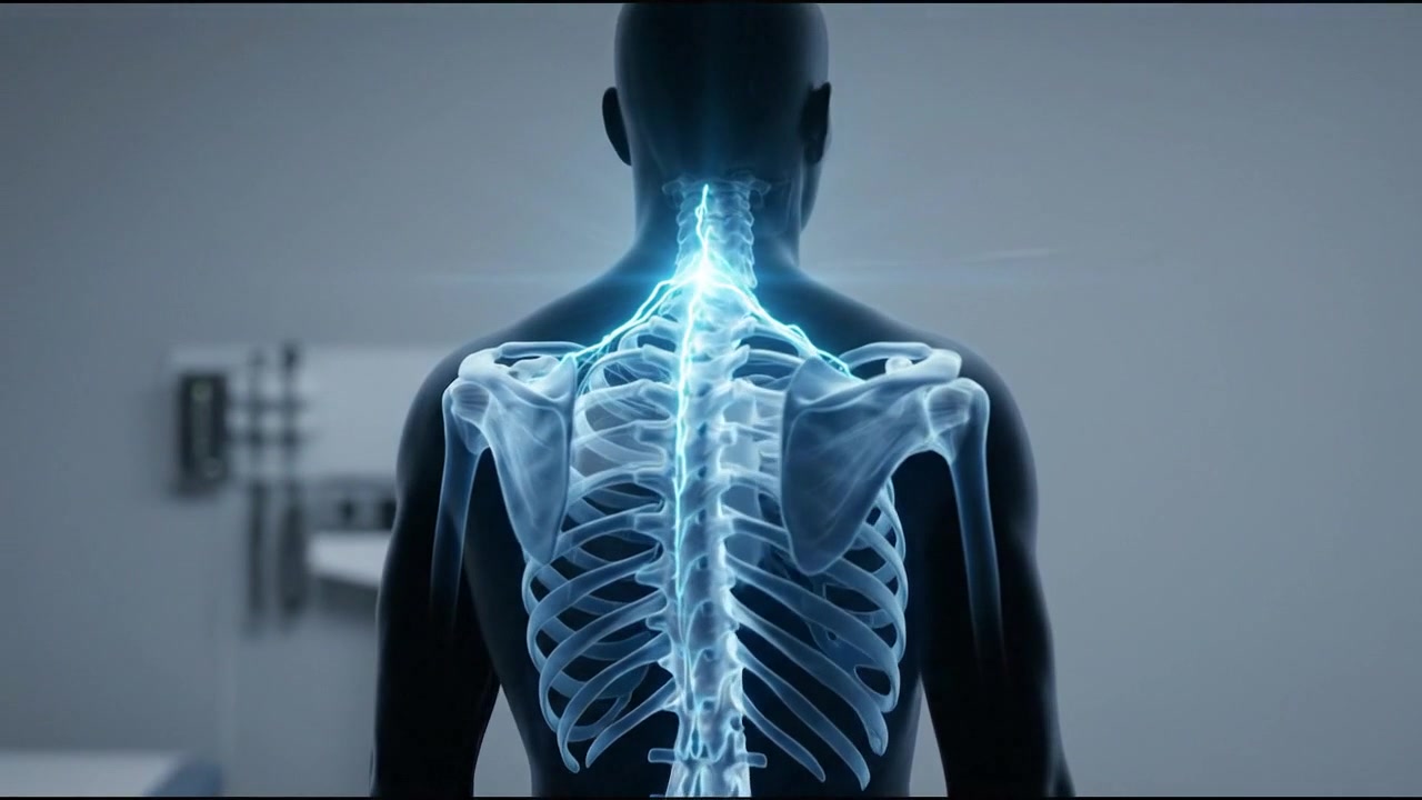 Animación médica de la columna cervical humana y dolor nervioso