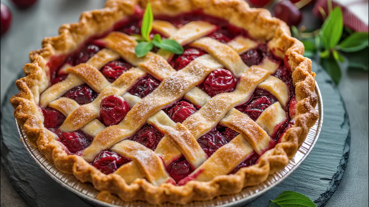 Freshly baked cherry pie resting on a slate plate, showing a golden lattice crust, glistening red cherries, and a dusting of powdered sugar, creating a tempting image of homemade goodness