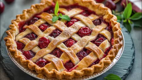 freshly baked cherry pie resting on a slate plate, showing a golden lattice crust, glistening red cherries, and a dusting of powdered sugar, creating a tempting image of homemade goodness