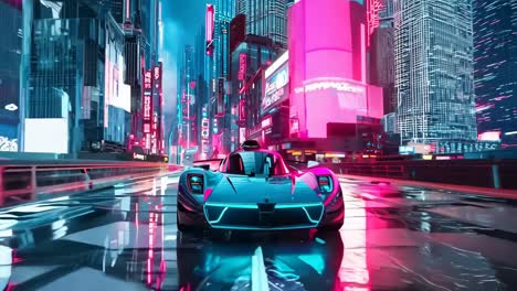 Un coche futurista conduciendo por una ciudad de noche.