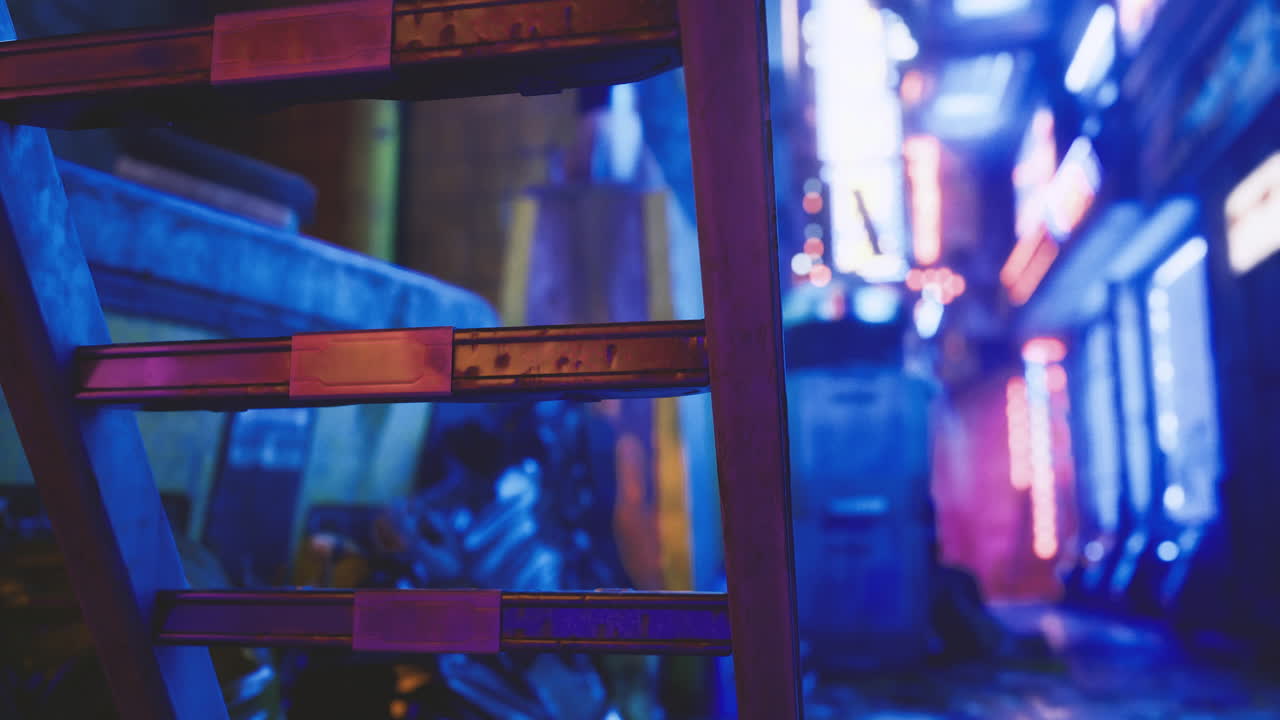 Vibrant urban alleyway illuminated by colorful neon lights at night