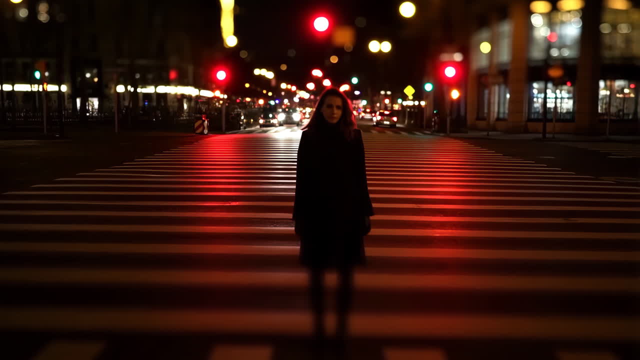 A woman stands on a crosswalk at night under red traffic lights