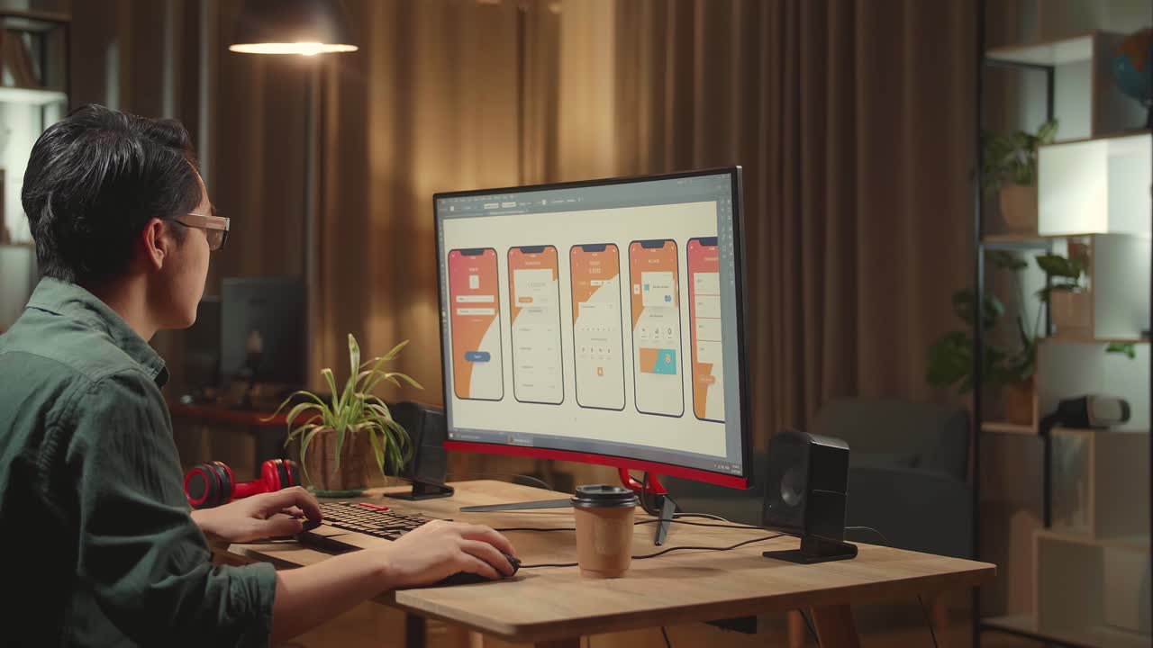 Asian Male Mobile Application Developer Works With Graphics On His Personal Computer. He Works At Night