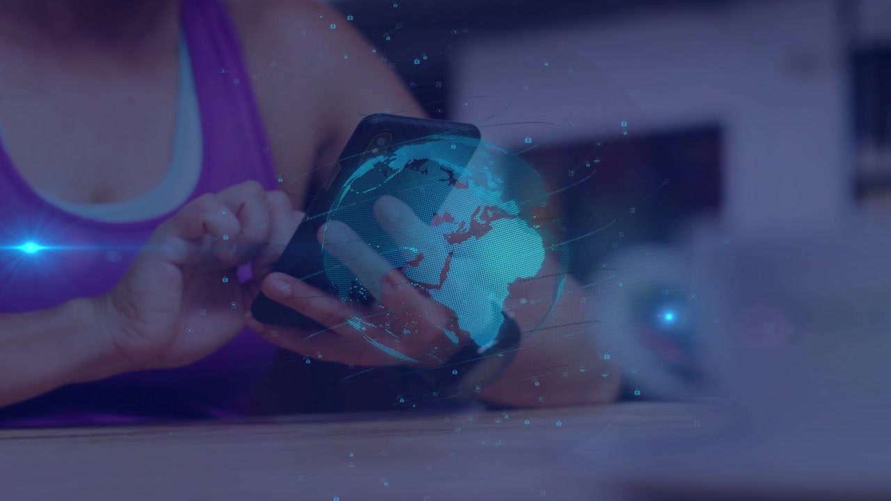 Woman holding phone, tapping and swiping screen, rotating AR globe revealing continents for review