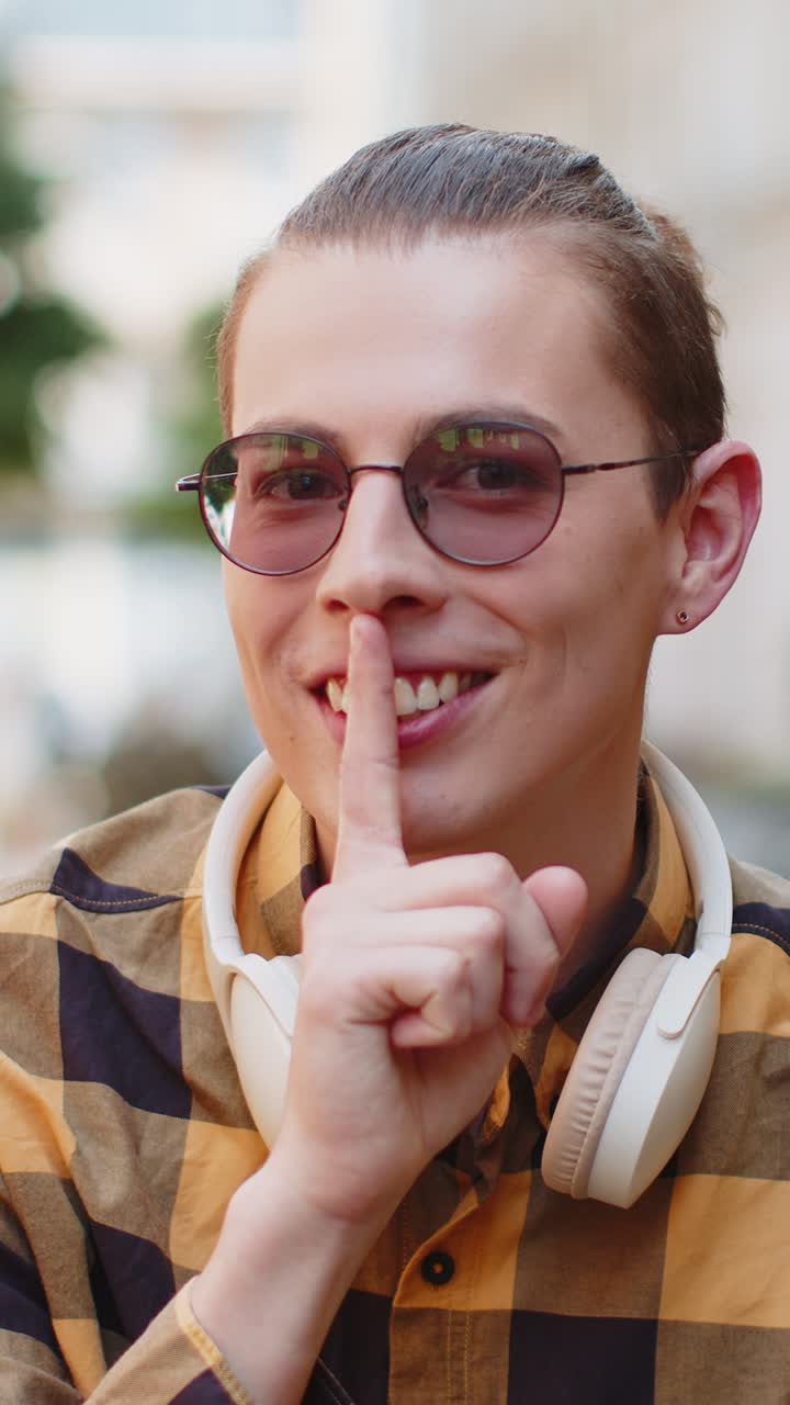 Young man presses index finger to lips making silence hush gesture sign do not tells gossip secret