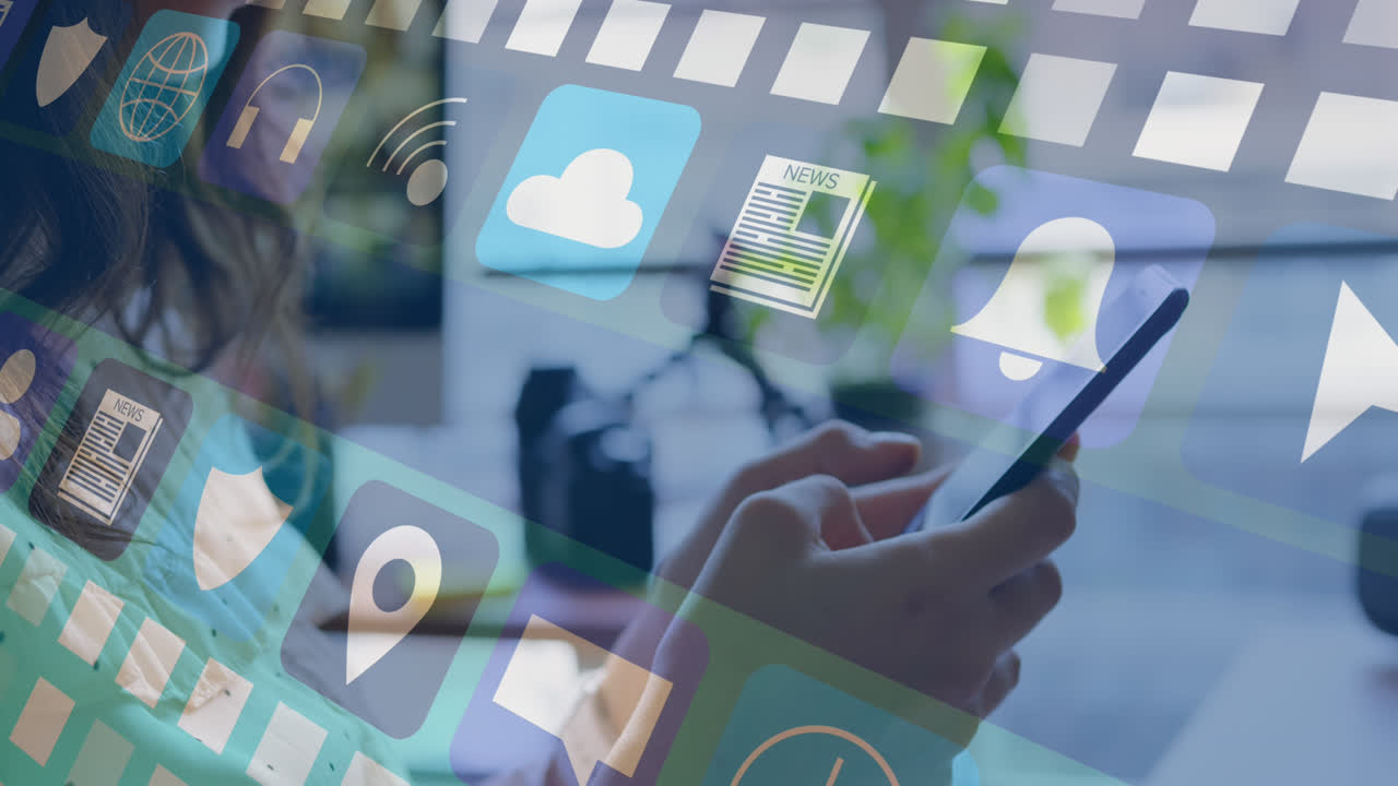 스마트폰을 사용하는 백인 여성에 대한 미디어 아이콘의 애니메이션