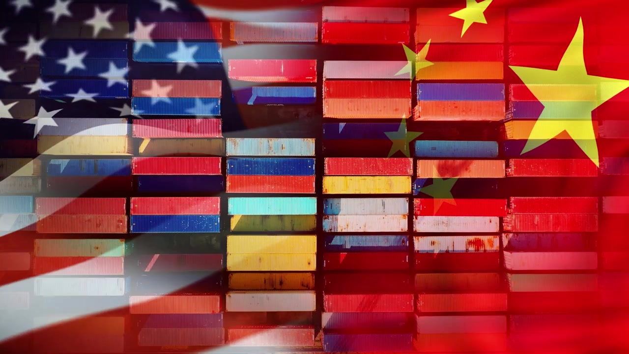American, Chinese flags overlay cargo containers as tariff tensions hit Europe