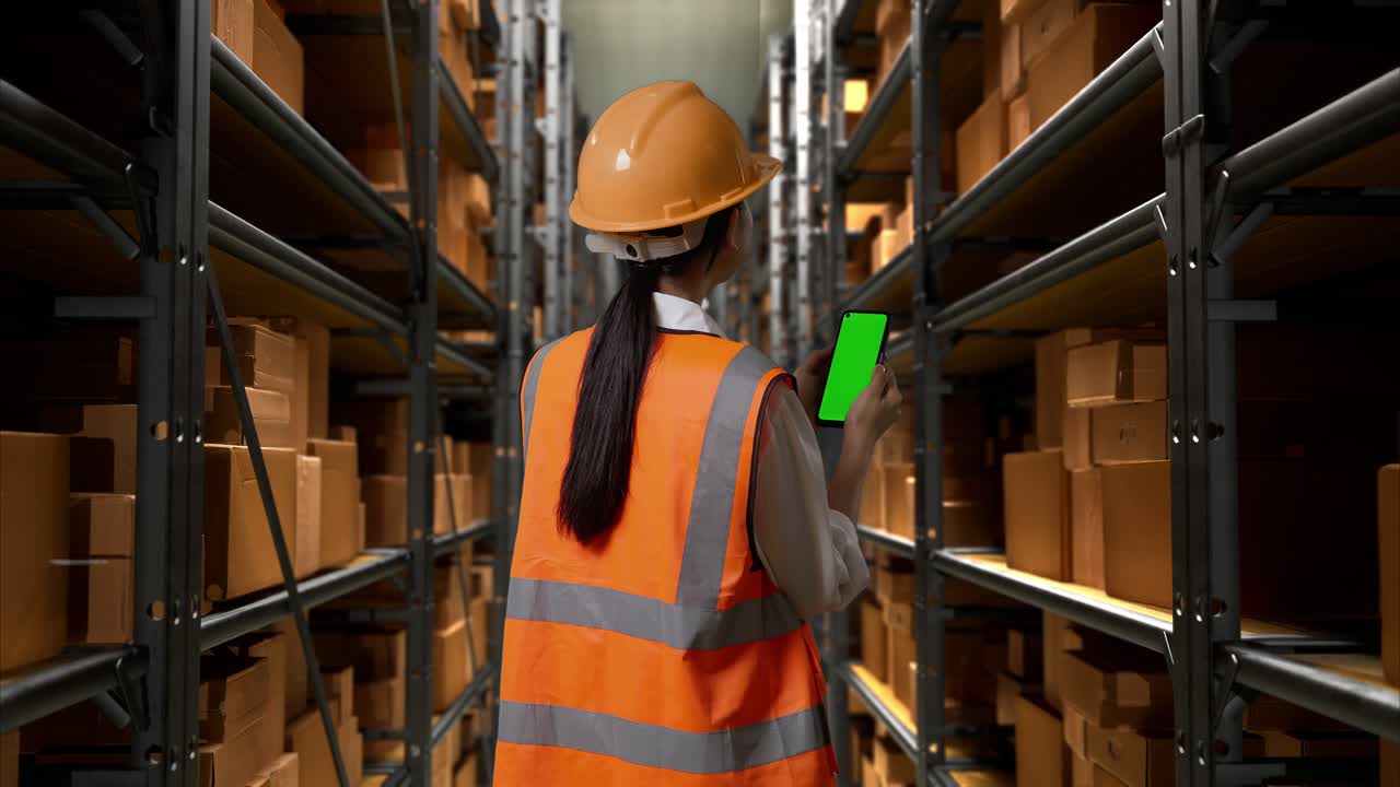 trabajador de almacén inspeccionando el inventario con un teléfono inteligente