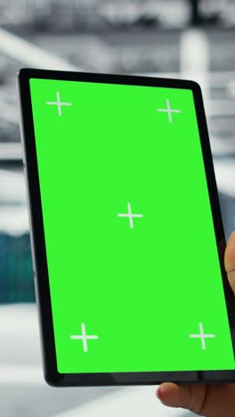 vertical video close up of admin in data center using green screen tablet