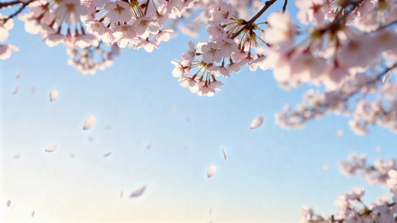 Drifting cherry blossom cluster releasing petals over park treetop, breeze propelling petals down