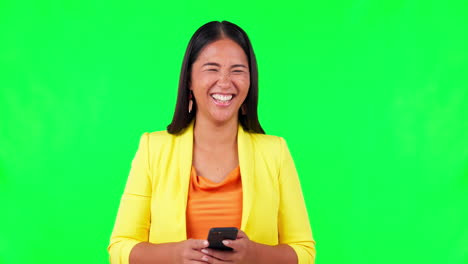 Green-screen,-typing-and-happy-woman-laughing
