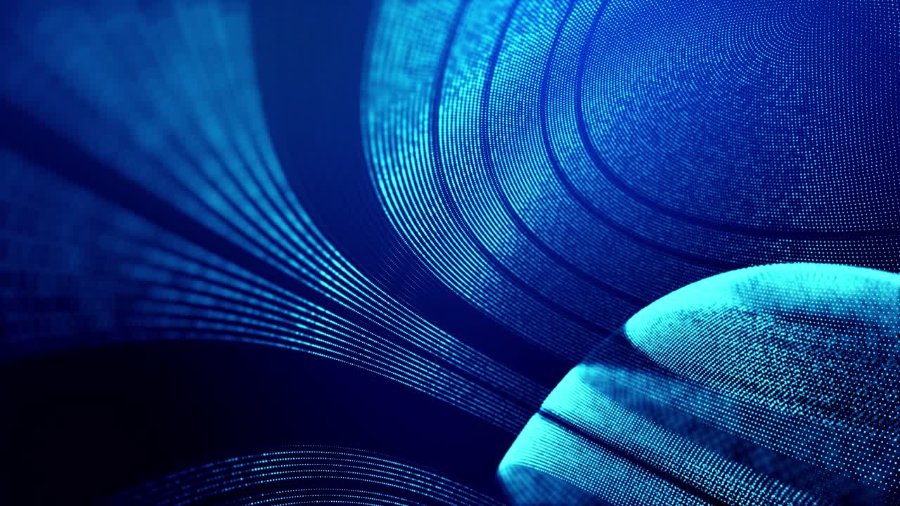 el fondo abstracto en bucle de 4k de partículas de brillo forma líneas, superficies como paisajes futuristas en el ciberespacio o hologramas. tema de ciencia ficción de microworld, nanotecnología o espacio cósmico. esfera azul