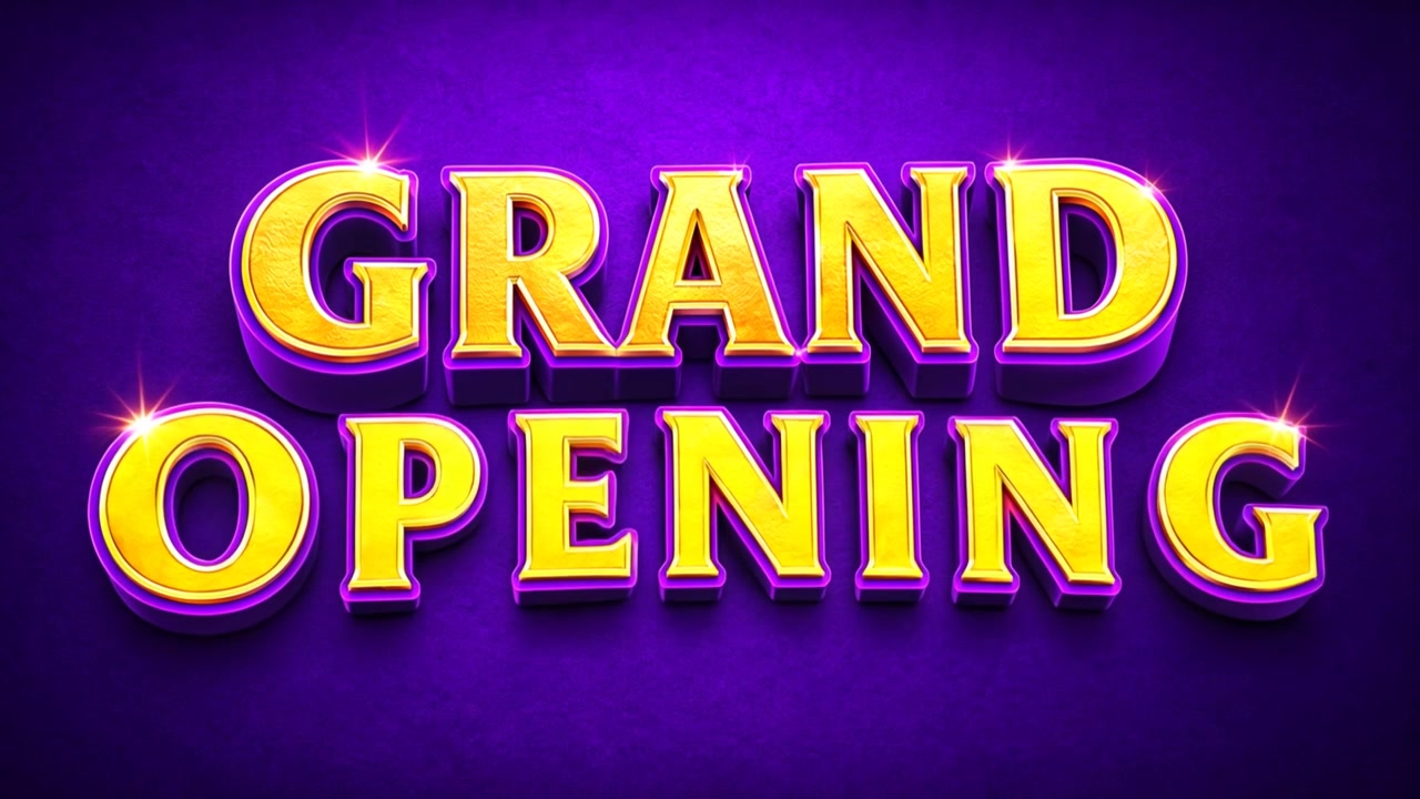Gold textured Grand Opening title with sparkling highlights on dramatic purple background