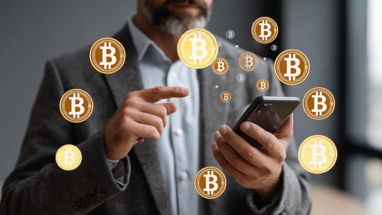 A Businessman Engaged in Cryptocurrency Trading on His Smartphone, Animated Bitcoin Logos Surrounding Him in a Modern Office Environment