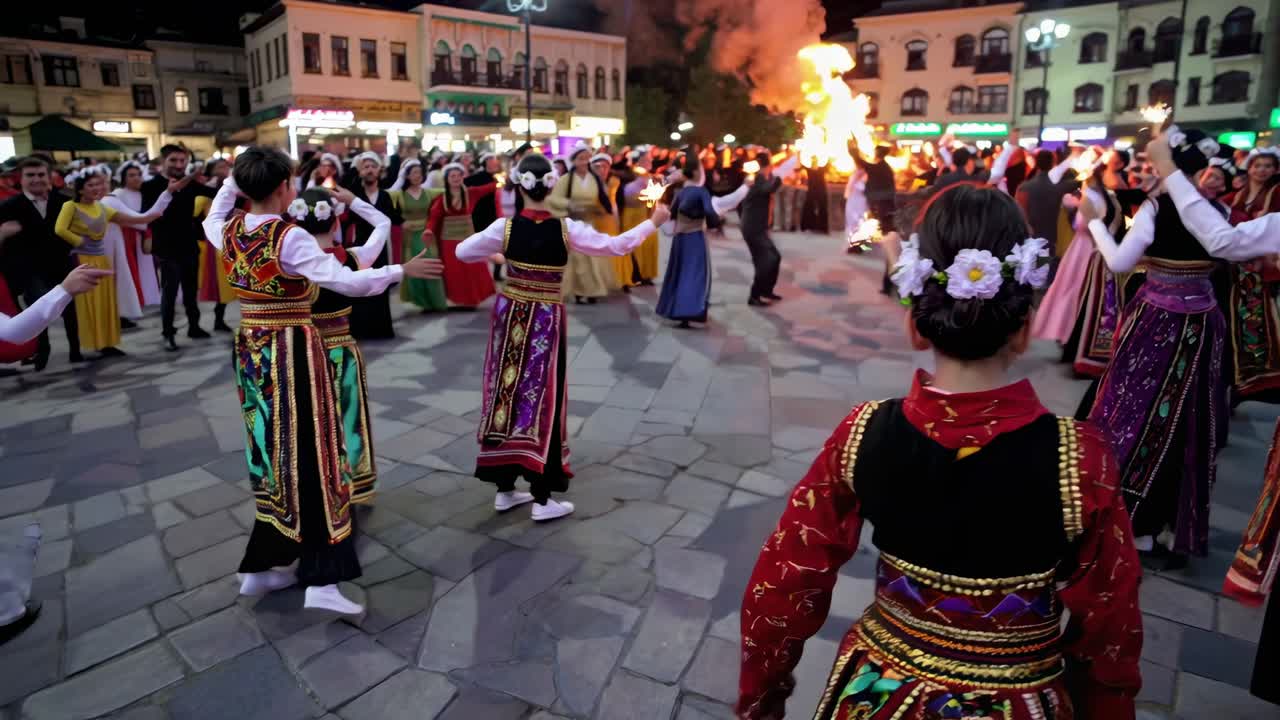 Two young girls, adorned with floral wreaths, joyfully wave sparklers amidst a vibrant evening celebration, surrounded by a crowd of people engaged in festive activities