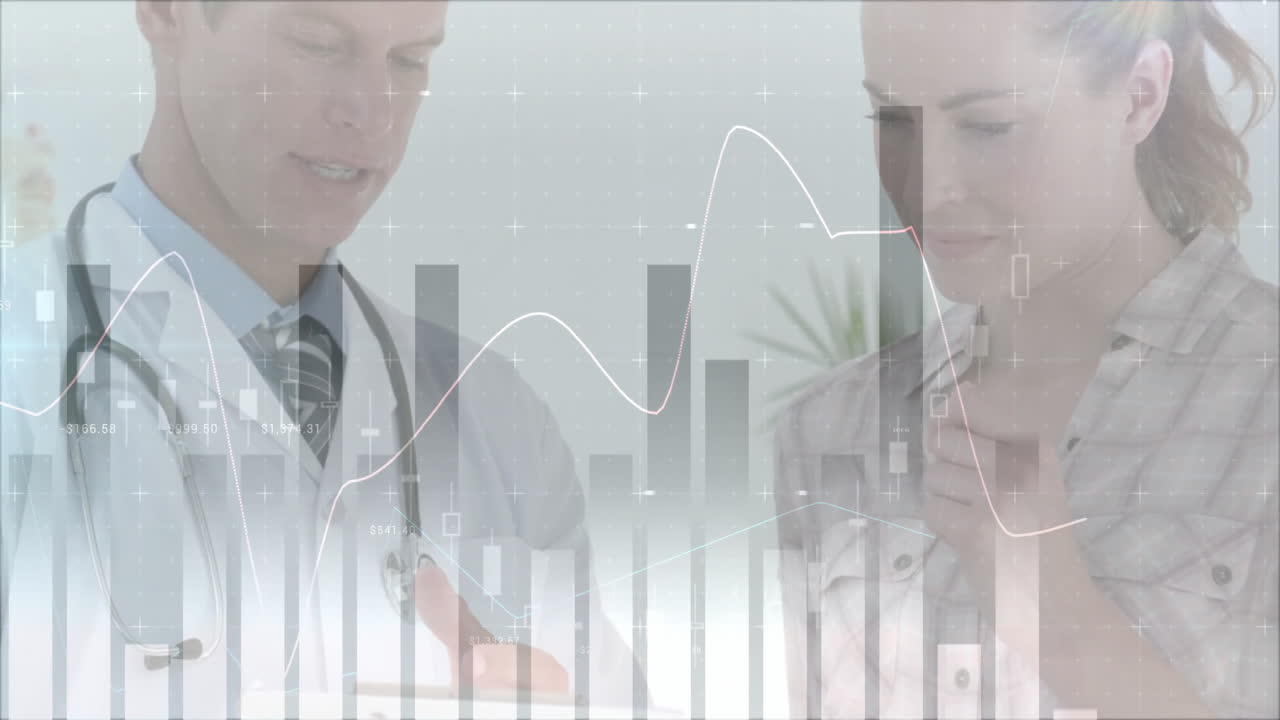 Animation of financial data processing over caucasian male doctor and female patient