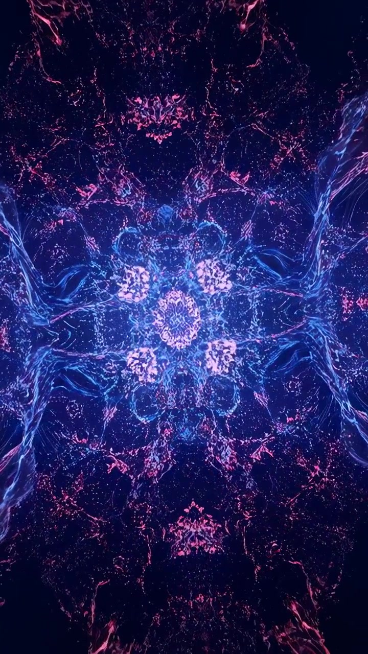Video verticale: Fotogrammi in riproduzione, mandala che pulsa, espandendosi in un vuoto al neon con anelli e nastri.