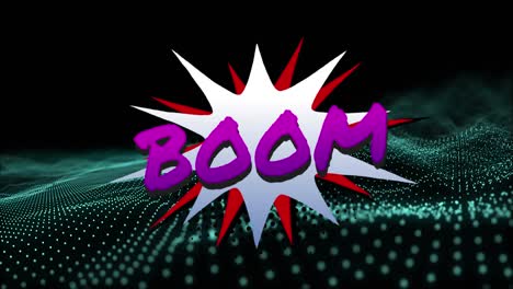 Animation-of-boom-text-over-green-dots-on-black-background