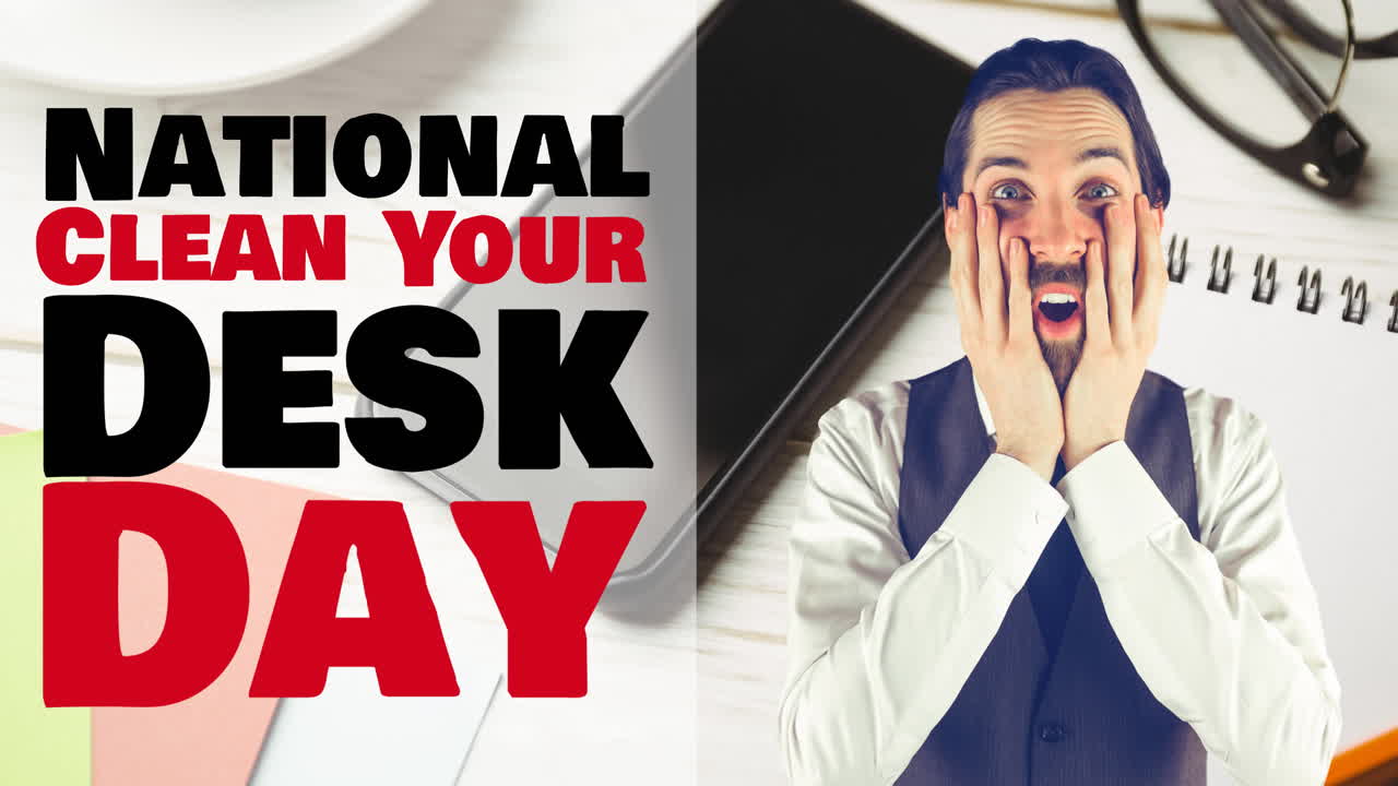 테이블 배경에 두려운 사람과 스마트 폰에 대한 국가 청소 테이블 텍스트의 애니메이션