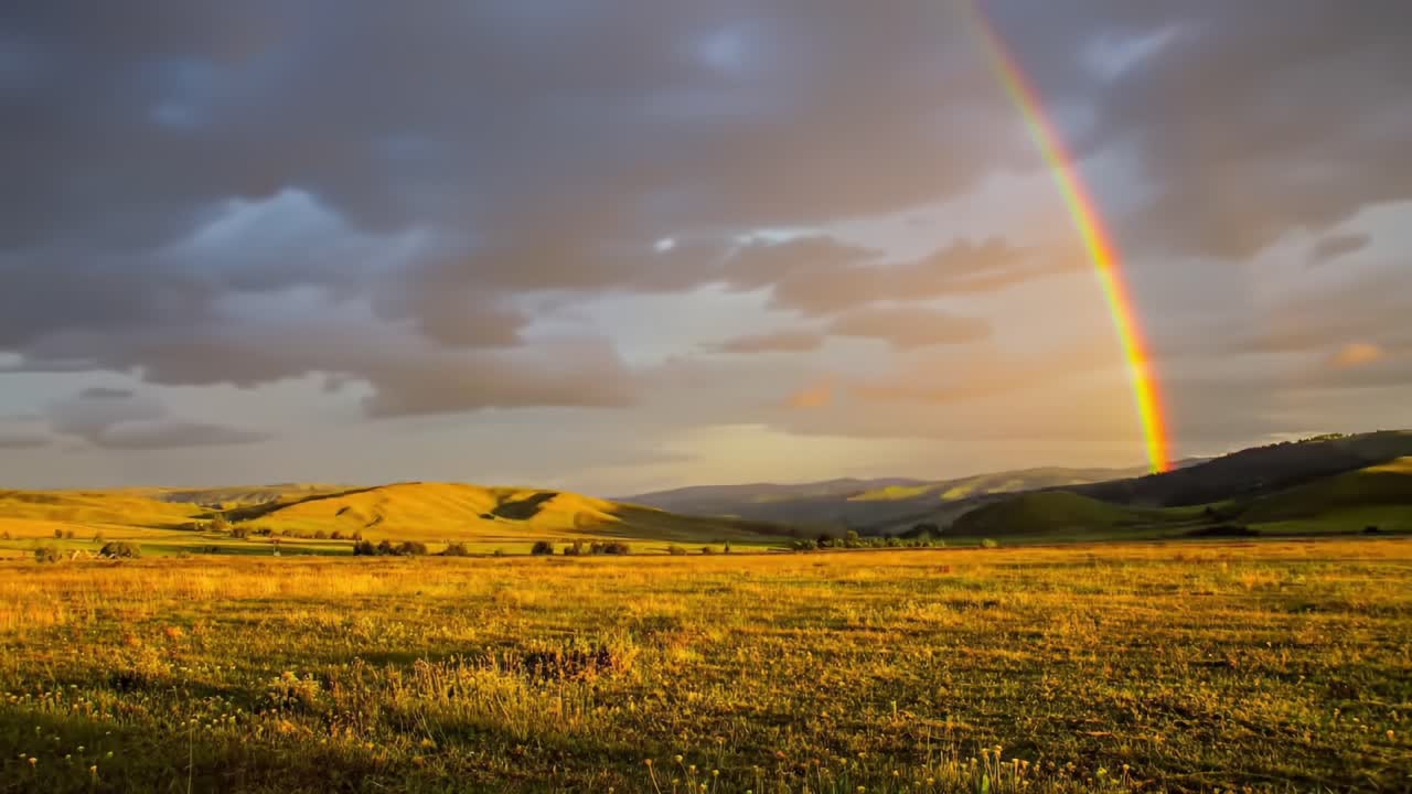A Vibrant Rainbow Arches Over Rolling Green Hills Under a Dramatic Sky, Illuminating the Vast Fields in the Serene Landscape at Dusk