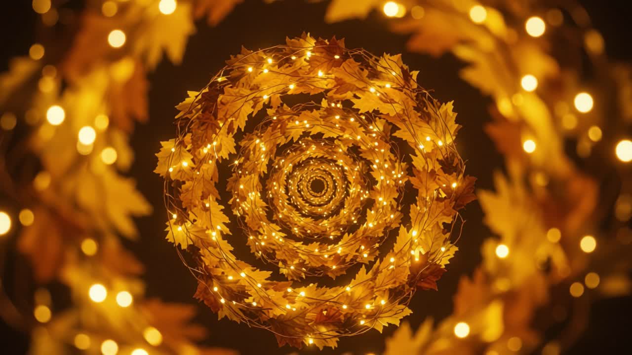 A Captivating Spiral of Autumn Leaves and Twinkling Lights, Creating a Dreamlike Ambience Perfect for Celebrations and Seasonal Decor