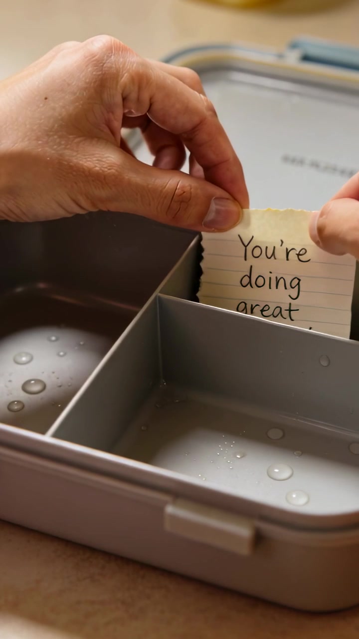 Vertical video: Entering hands sliding note into gray box slot at kitchen counter with dew to cheer