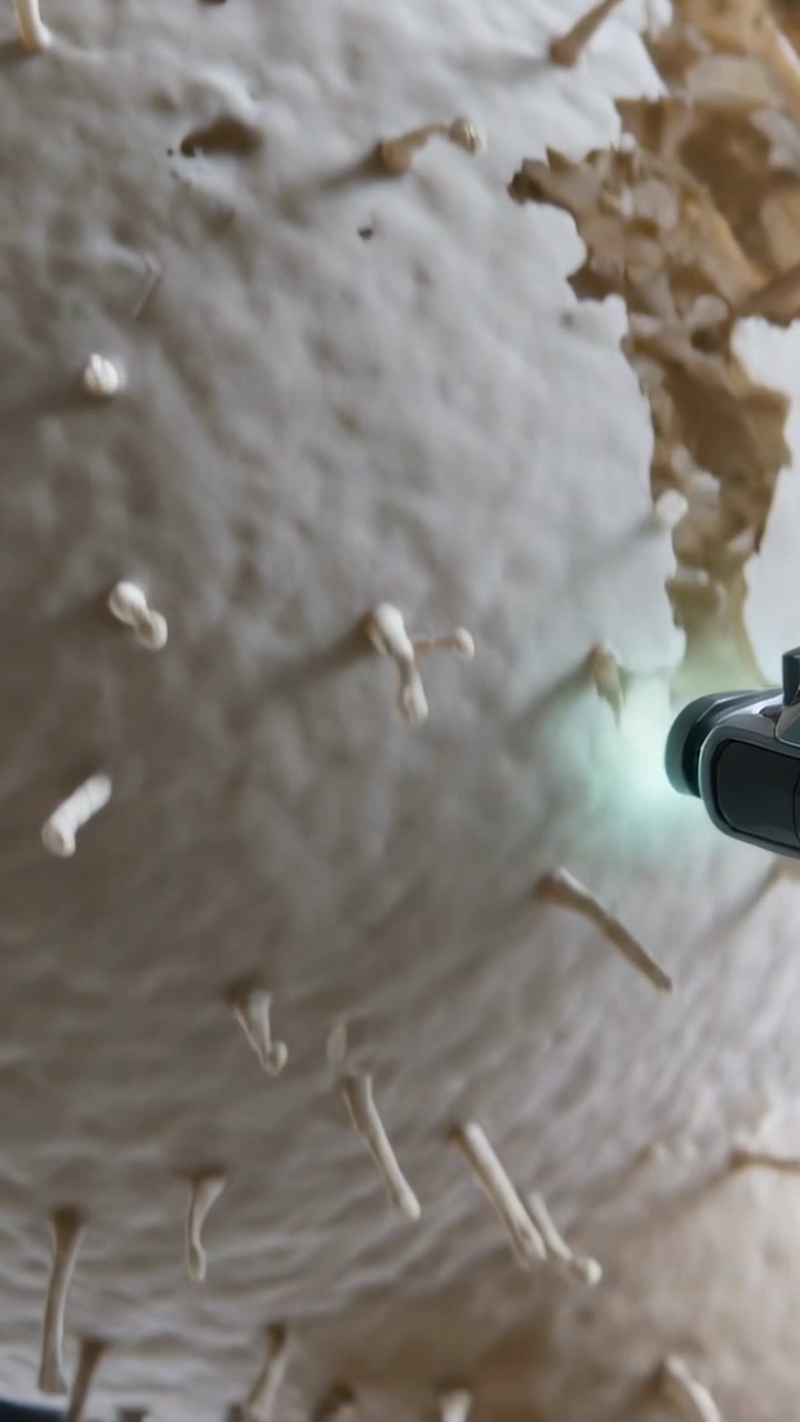 Vertical video: Entering probe cyan tip contacting pale spiky sphere in lab view, peeling to sample
