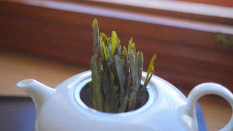 hojas de té houkui de taiping verde secas listas para sumergirse en una olla de cerámica blanca