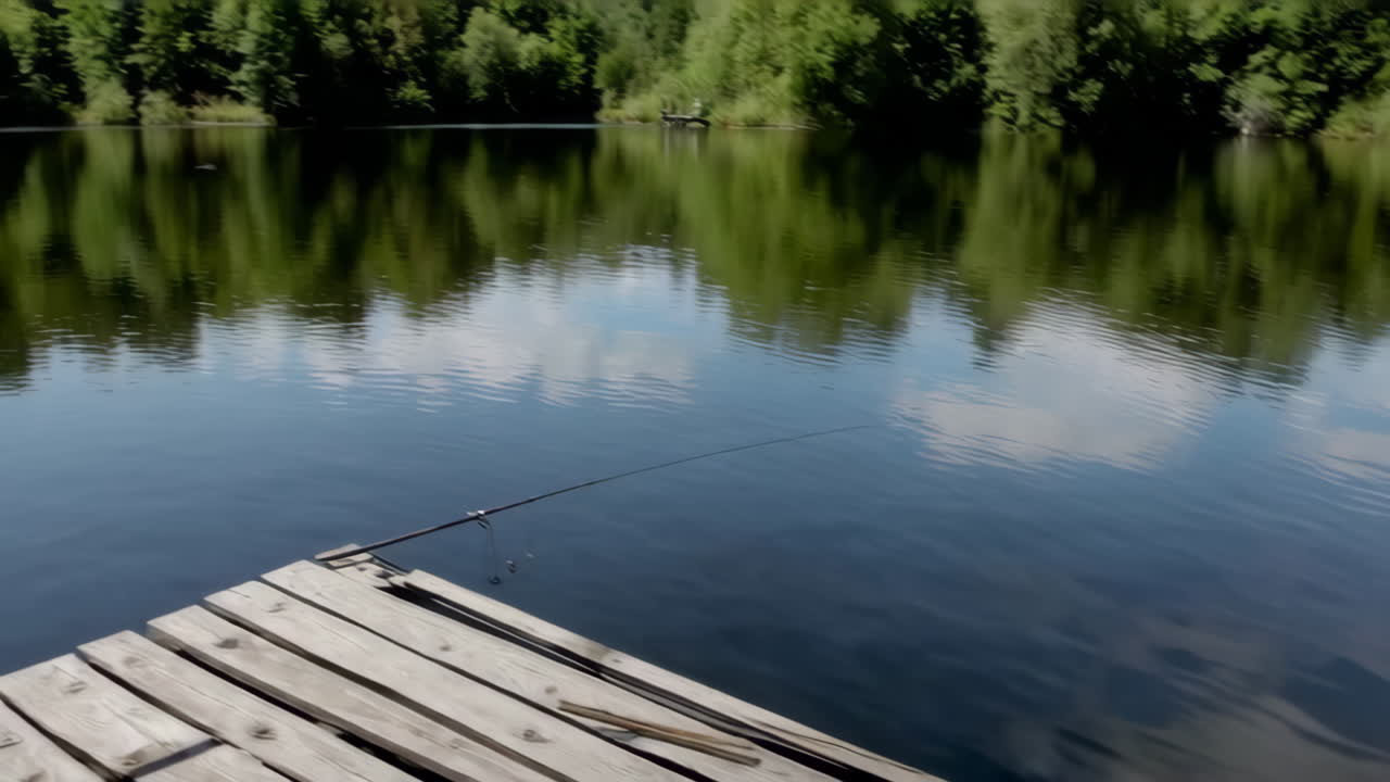 Fishing from a Wooden Pier on a Calm Lake