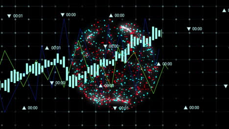 Animación-Del-Procesamiento-De-Datos-Financieros-Y-Globo-Con-Conexiones-Sobre-Fondo-Negro