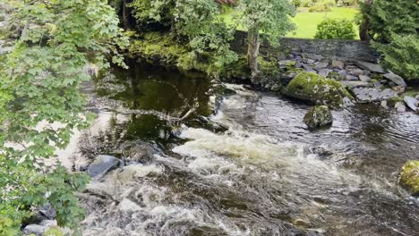 a picturesque stream flowing over a stone wall next to a well maintained garden