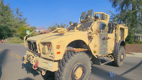 street blocked by military vehicle, wildfire emergency response, slow motion, la