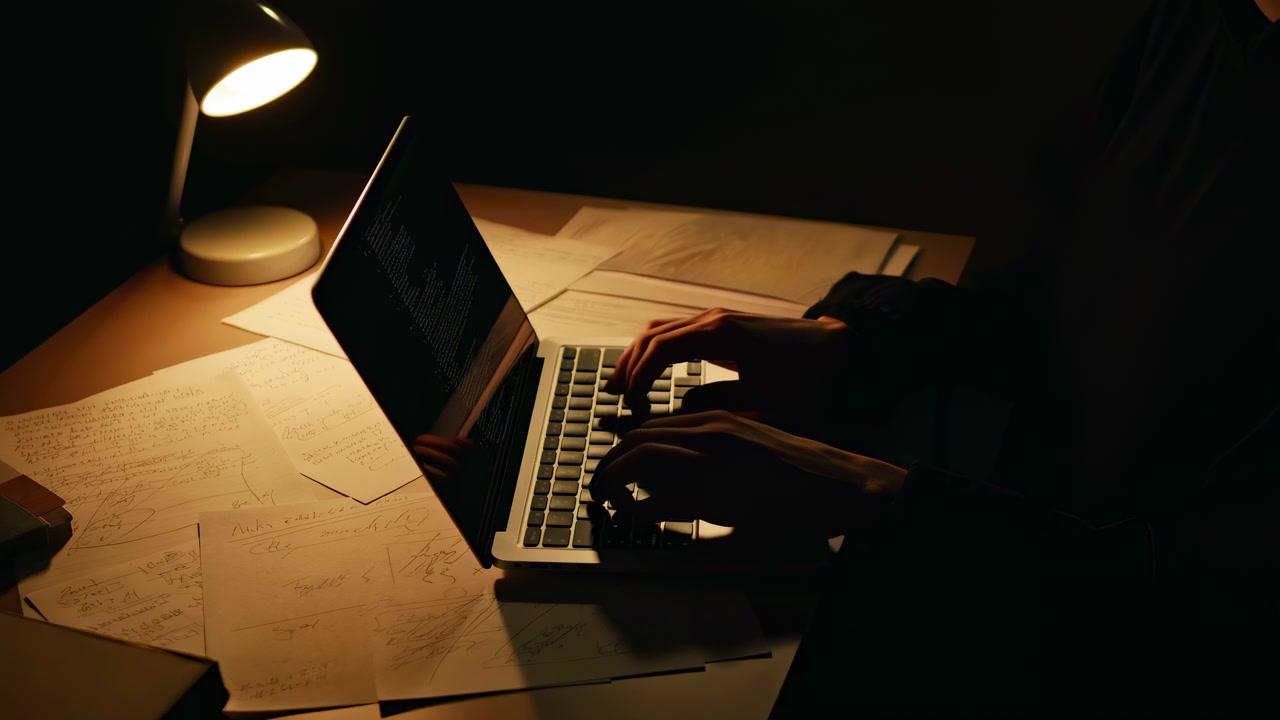 Digitazione al laptop su scrivania a tarda notte sotto una lampada, illuminazione calda e soffusa evidenzia le mani sulla tastiera, oggetti sparsi.