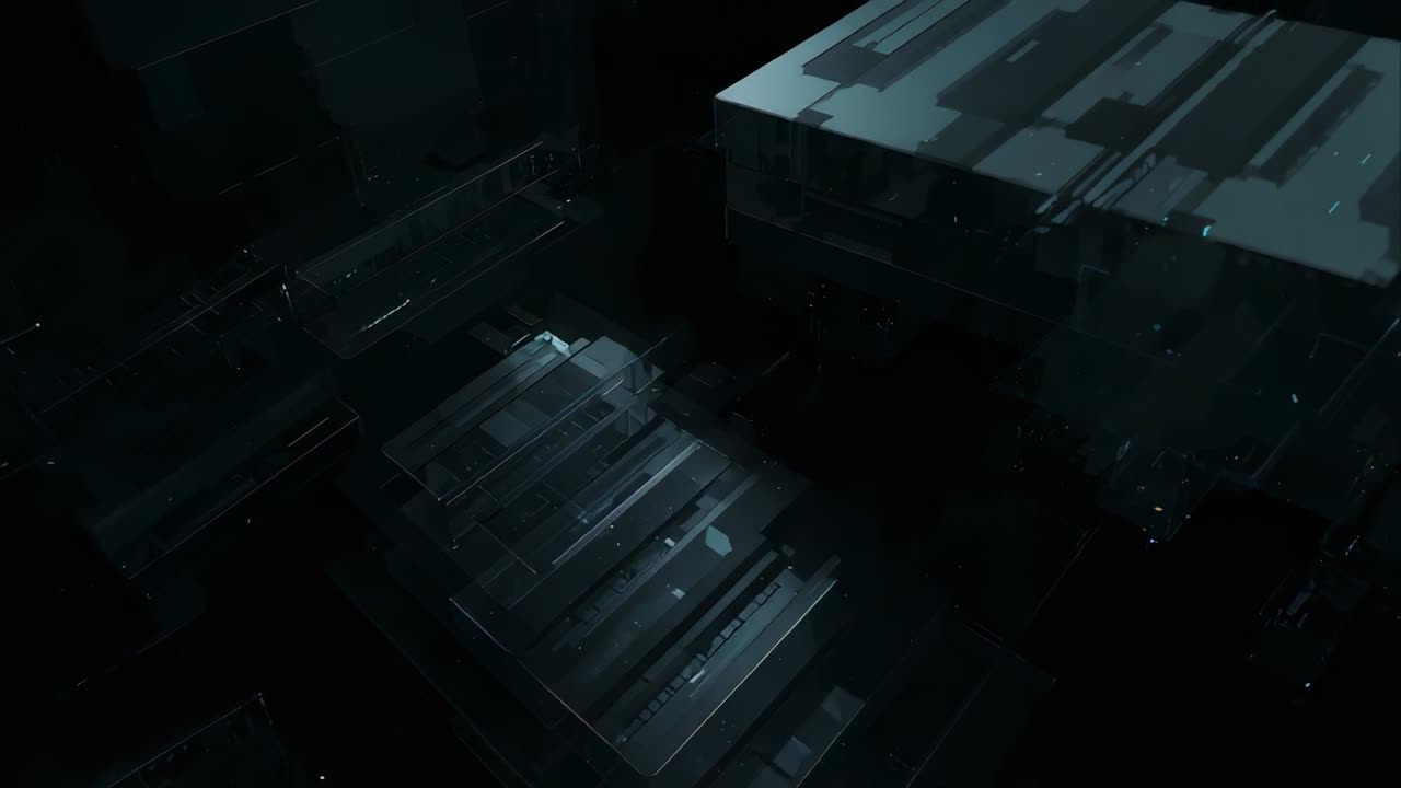 Gliding camera revealing layered slabs at dark hub, showing patterned block, light streaks, specks