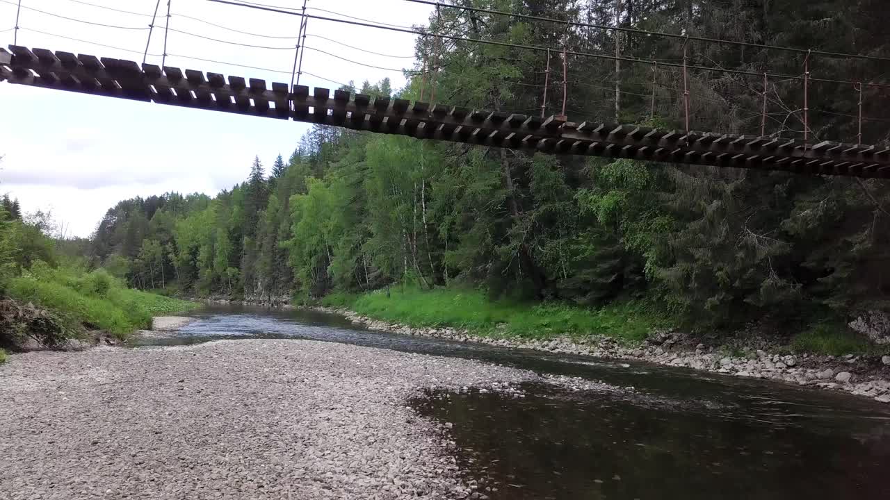 숲 속 의 강 을 가로지르는 나무 의 서스펜션 다리