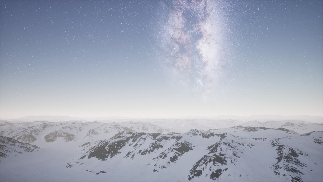 눈이  ⁇ 인 지형 위에 있는 은하수