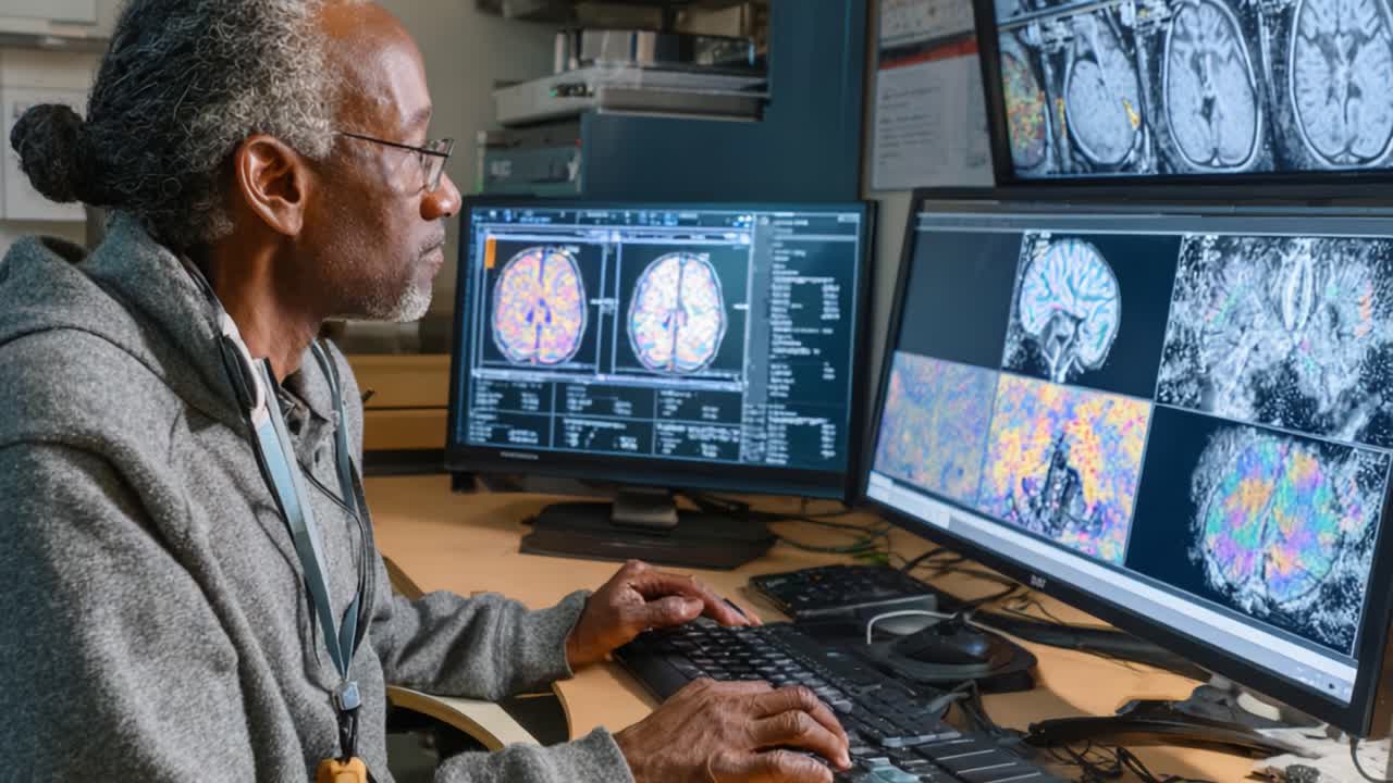 Focused Specialist Analyzing Advanced Brain Imaging Data on Multiple Monitors in a Modern Medical Environment, Showcasing Diagnostic Technology and Expertise