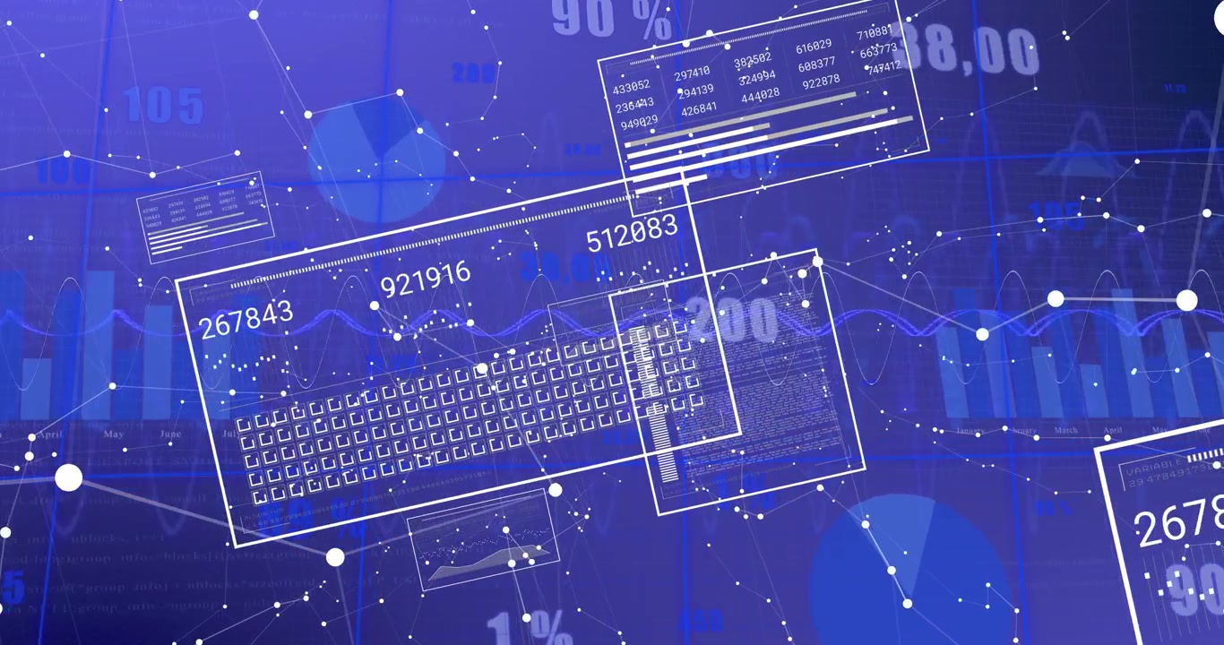 Animation of interface with statistical data processing, network of connections on blue background