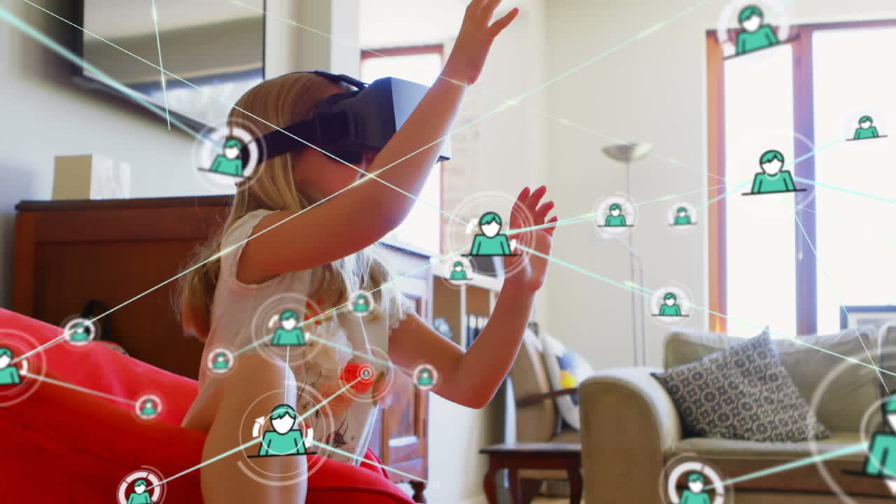 animación de la red de conexiones con iconos sobre la chica que lleva auriculares vr