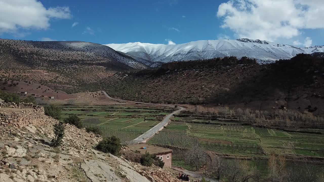 "Verdant agricultural terraces cascade down Atlas mountainsides in Morocco, where traditional farming meets dramatic landscapes and cultivated plots create a patchwork of green against rocky slopes."