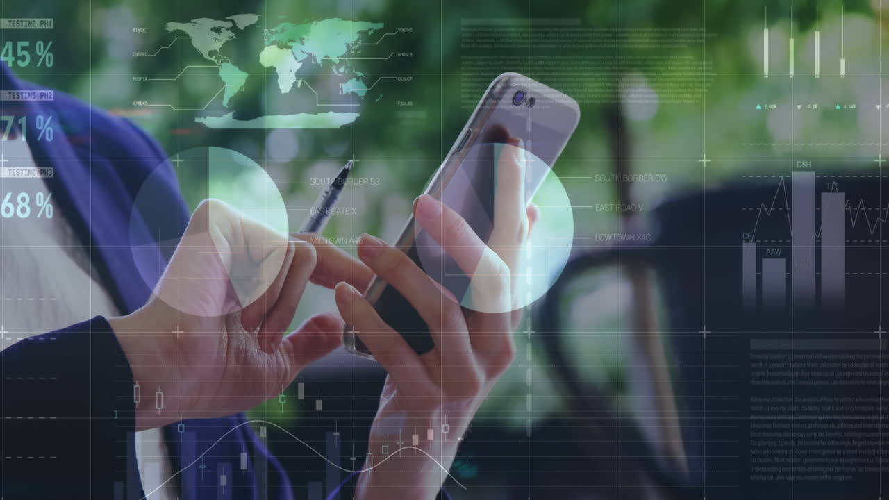 animación de estadísticas y procesamiento de datos sobre mujeres de negocios que usan teléfonos inteligentes