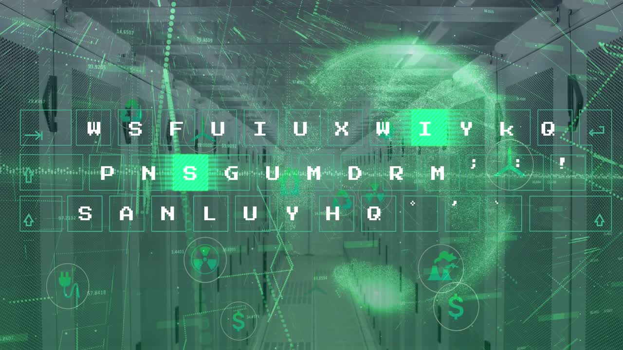 Animation of illuminated pattern on keyboard with graph, icons and globe over server room