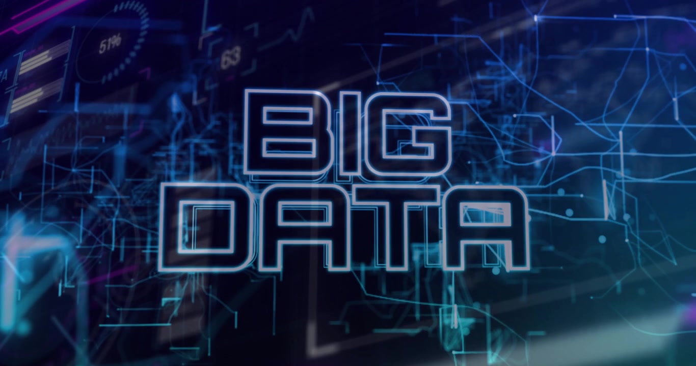 Glitrende 3D UI kombinerer bokstaver til glødende BIG DATA mens pulserende visuelle elementer for analyse.