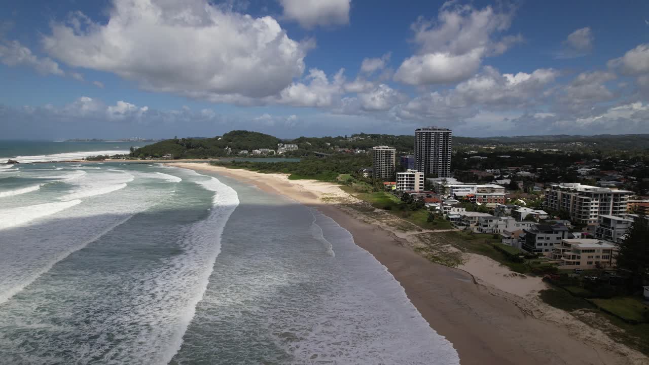 Sea Waves Crashing On The Shores Of Palm Beach Suburb During Cyclone Alfred In Gold Coast, QLD Australia. Aerial Drone Shot