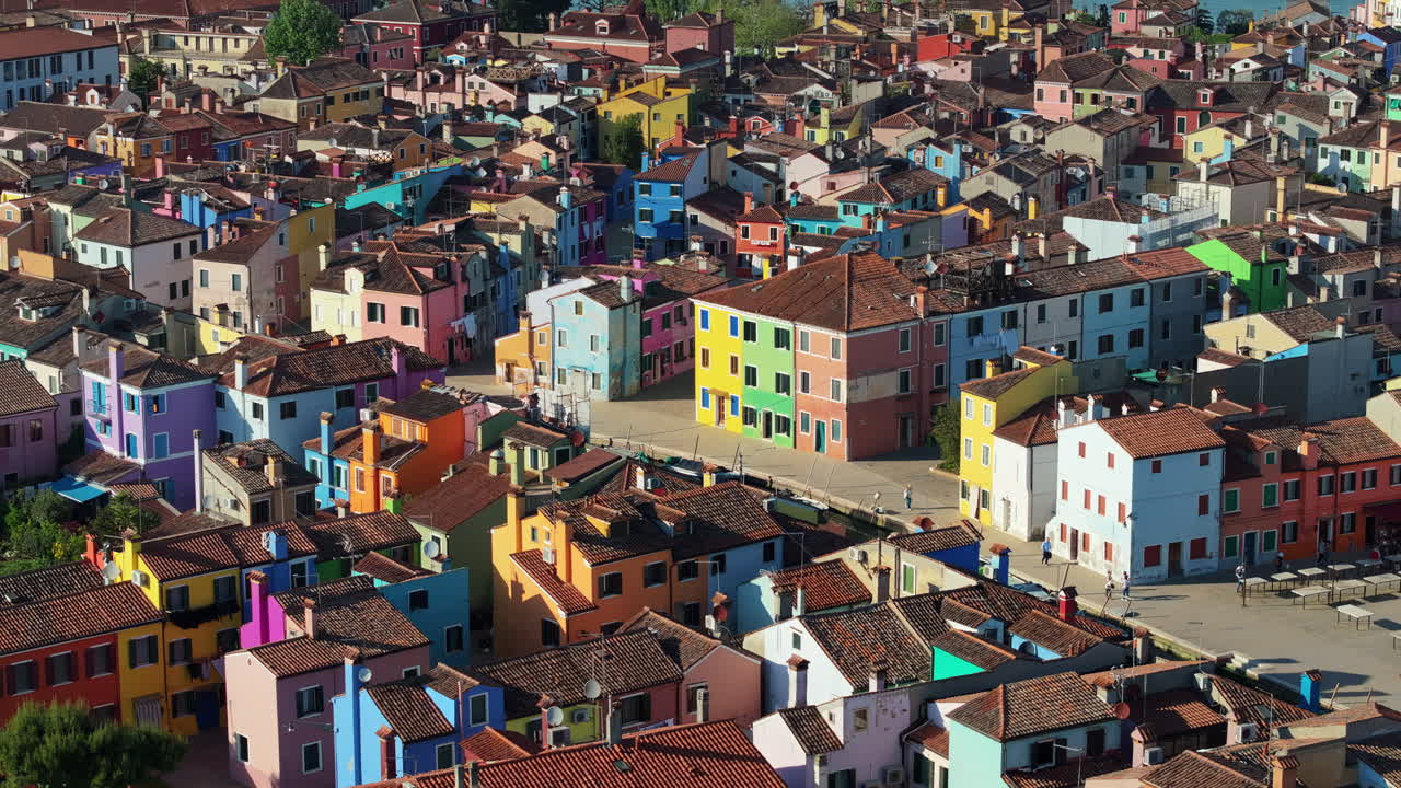 Aerial drone view of the colourful houses of Burano Island, Italy