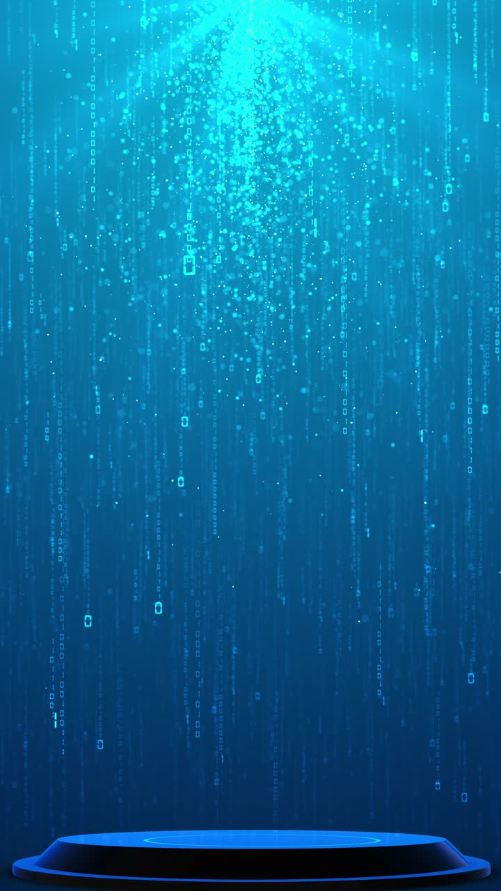 Video footage of futuristic digital stage illuminated by spotlight as binary codes fall like glowing